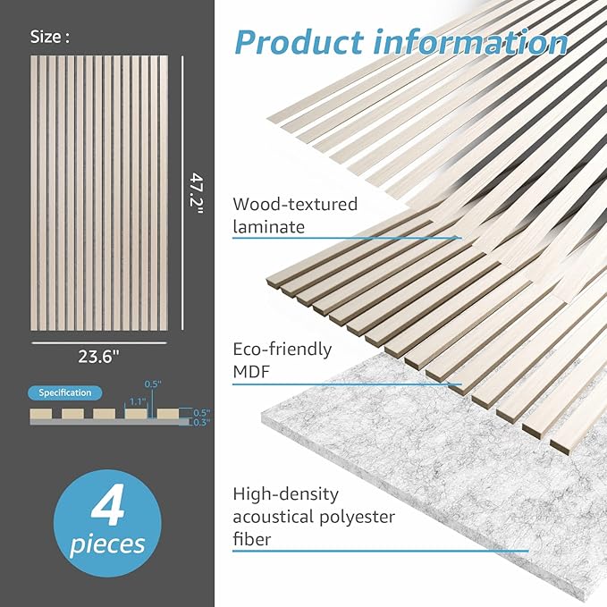 Art3d 4 Pack 47.2 x 23.6in. Wood Slat Acoustic Panels - Image 6
