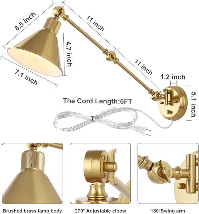 TRLIFE Wall Sconces Plug in, Dimmable Wall Sconces Brushed Brass Swing Arm Wall - Image 5