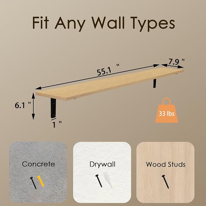 DINZI LVJ Long Wall Shelves, 55.1Inch Wall Mounted Shelves Set of 2, Extra - Image 3
