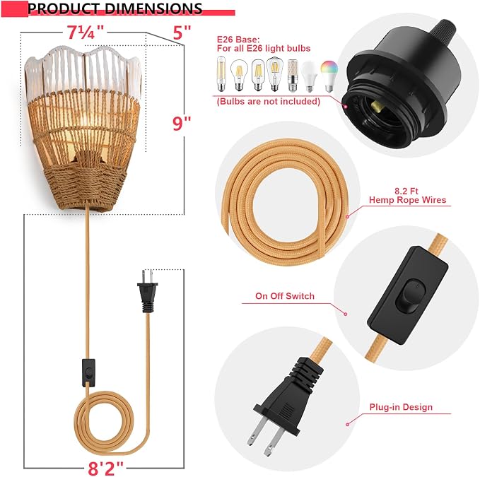 Plug-in Boho Wall Sconces Set of 2, Handwoven Rattan Wall Lights - Image 2