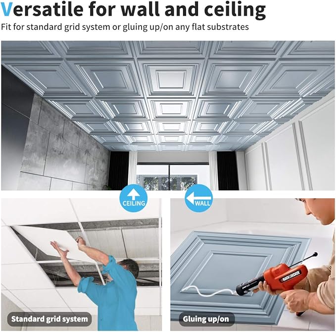 Art3d Decorative 3D Wall Panels 24" x 24", Square Gray Ceiling Tiles, Wall - Image 6