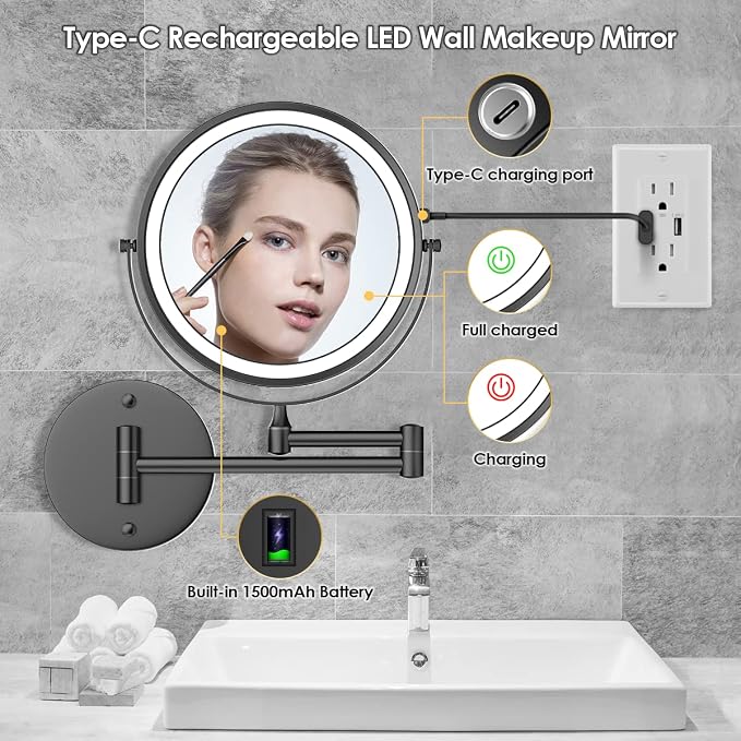 Rocollos Rechargeable Wall Mounted Lighted Makeup Mirror, 8 Inch Double-Sided - Image 2
