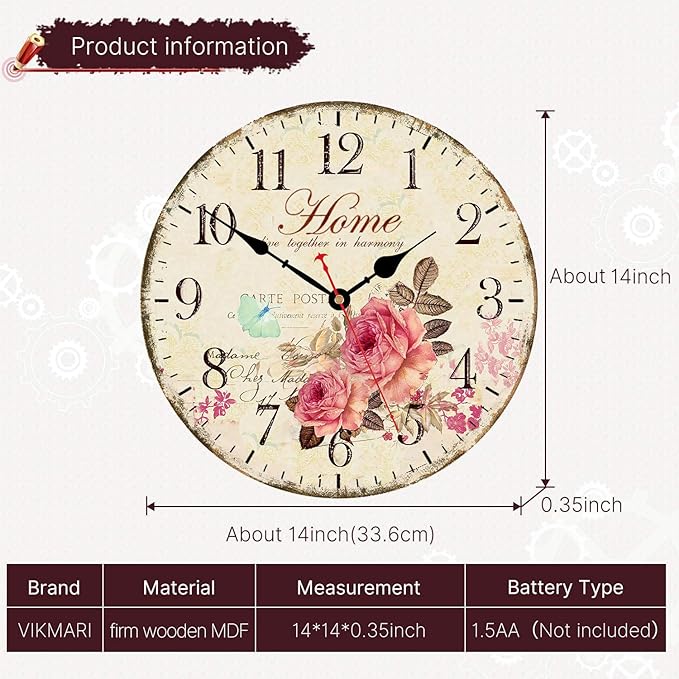 VIKMARI 14 Inch Wooden Wall Clock Art Hanging Clocks Silent Non-Ticking Wall - Image 3