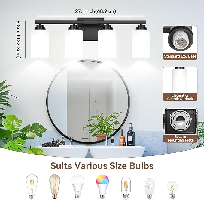 4-Light Bathroom Light Fixtures, Matte Black Light Fixture, Classic Wall Light - Image 8