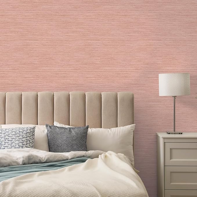 Tempaper Textured Salmon Pink Horizontal Faux Grasscloth Removable Peel and - Image 2