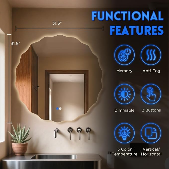 Dorlicecass Round Led Bathroom Mirror- 32" Wavy Vanity Mirror - Image 4