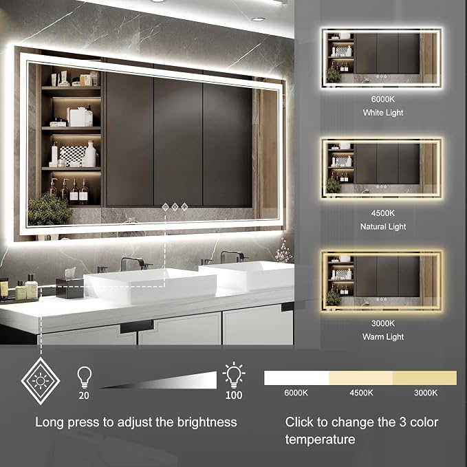 LED Bathroom Mirror with Lights, 72x36 Inch Gradient Front and Backlight LED - Image 5