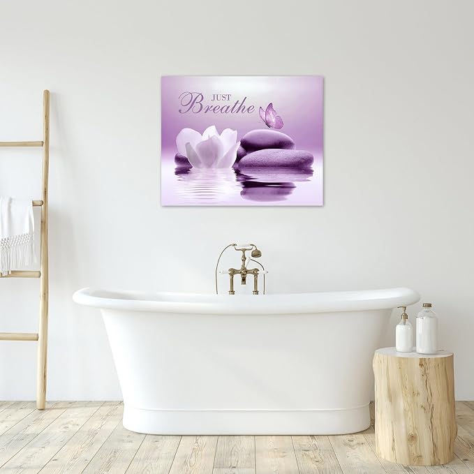 EOBTAIN Zen Framed Wall Art 20x16 Inches Purple Butterfly and Flower Stone - Image 3