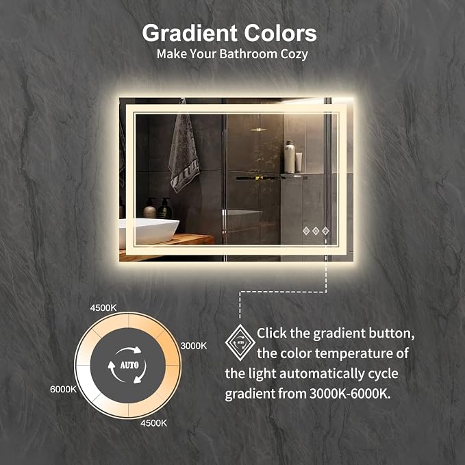 Lighted Bathroom Mirror, 40x30 Inch Gradient Front and Backlit LED Bathroom - Image 3
