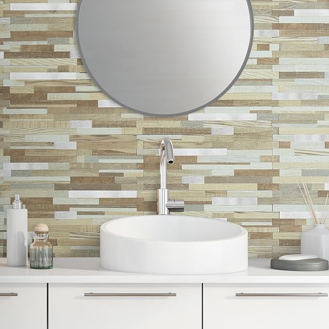 AULIGET 20 Sheets Beige & Brown Wood Peel and Stick Backsplash, PVC Mixed Metal - Image 4