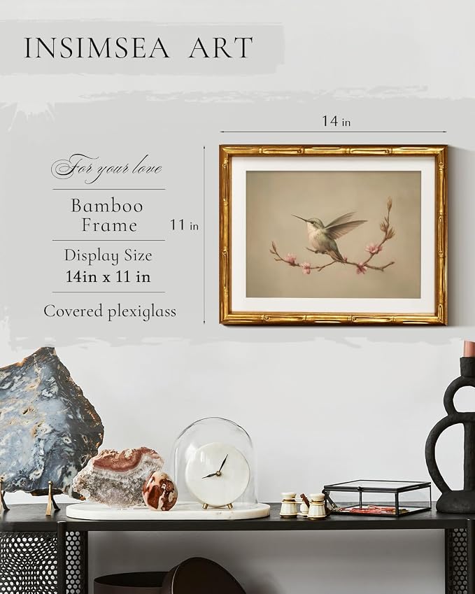 InSimSea Gold Bamboo Framed Canvas Wall Art, Vintage Spring Bird Paintings - Image 3