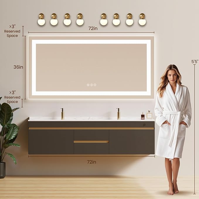 72X36 LED Bathroom Mirror with Lights, Backlit + Front Lit, Lighted Bathroom - Image 7