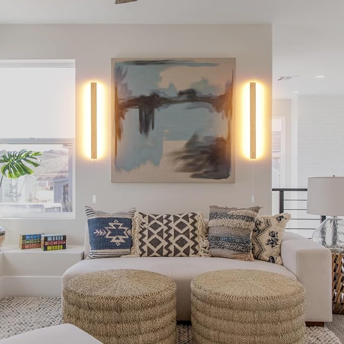 Modern Plug in Wall Sconces, 23.6 inch Faux Wood Texture Finish LED Long Wall - Image 8