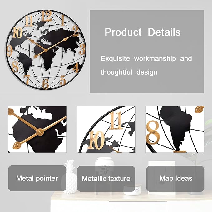 Large World Map Wall Clock, Metal Minimalist Modern Clock, Round Silent - Image 3