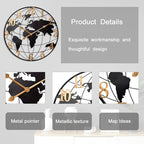 Large World Map Wall Clock, Metal Minimalist Modern Clock, Round Silent - Image 3