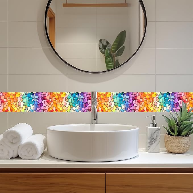 HOMETITUTE Wallpaper Border Peel and Stick Wall Border Rainbow Mosaic Glass - Image 7