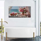 Vintage Pink Flower Wall Art Retro Flowers in Golden Vase Pictures Blue Ocean - Image 5