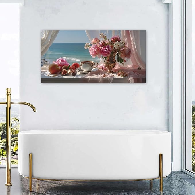 Vintage Pink Flower Wall Art Retro Flowers in Golden Vase Pictures Blue Ocean - Image 5