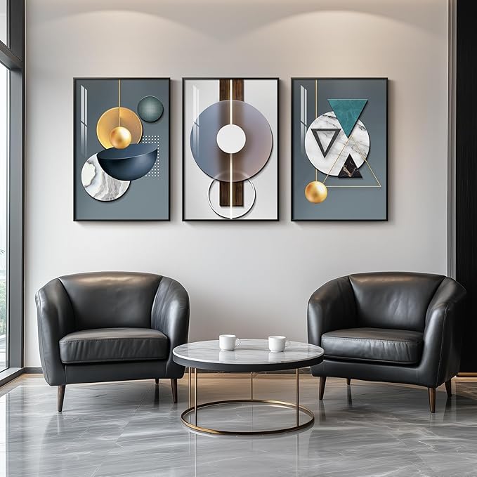 Large Framed Modern Luxury Abstract Wall Art, 3 Piece Blue-Green Prints - Image 3