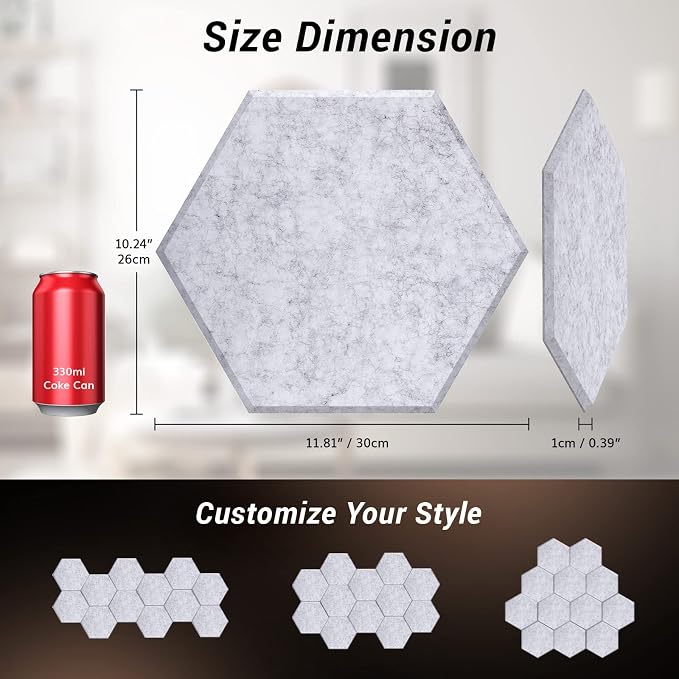 12 Pack Hexagon Acoustic Panels, TONOR 12"x 10"x 0.4" Self-adhesive Sound Proof - Image 5