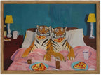 Framed Funny Tiger Wall Art, Eclectic Tigers Eating Pizza in Bed Pictures Wall by Unknown