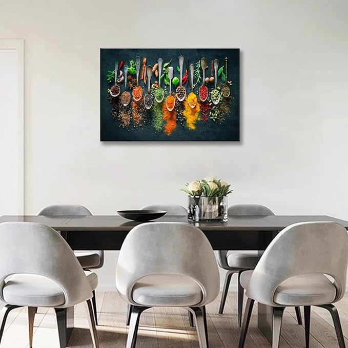Framed Large Kitchen Wall art Pictures Decor Couful Spice in Spoon Vintage - Image 2