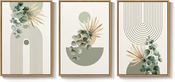 Framed Green Boho Wall Art for Living Room, 3 Piece Bohemian Botanical Canvas - Image 9