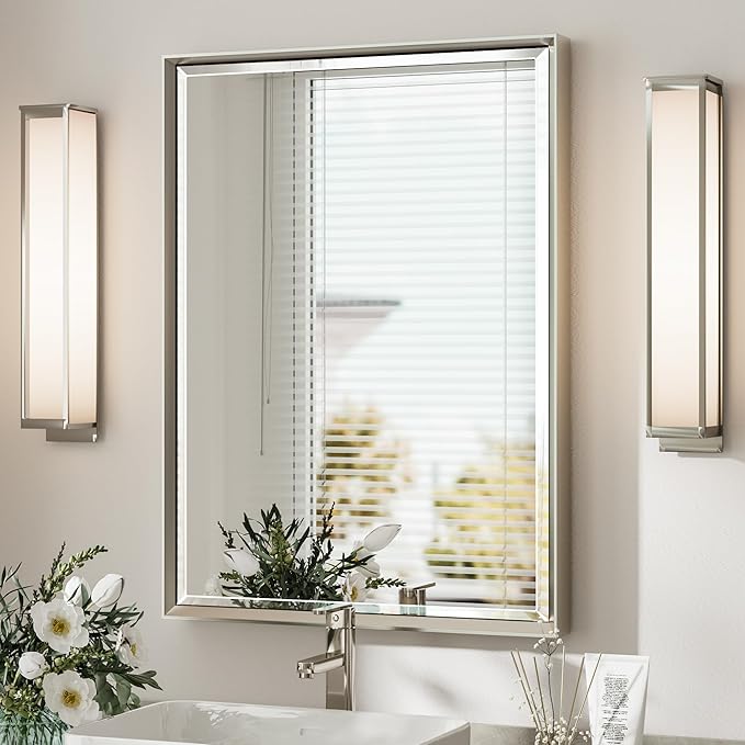 Brushed Nickel Bathroom Mirror, 22x30 Inch Beveled Framed Bathroom Mirror by QUEENFUN