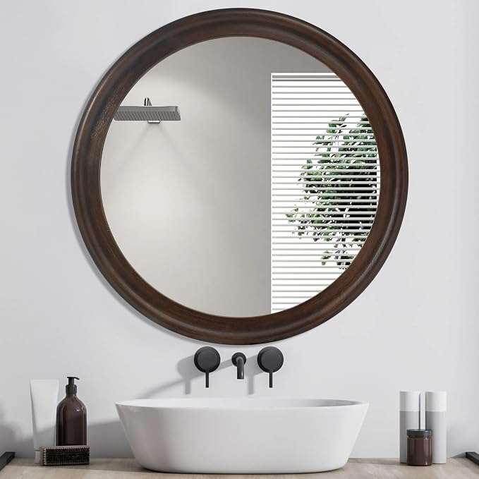 CULER Round Wall Mirrors 30 Inch, Wood Rustic Decorative Transitional Mirror - Image 7