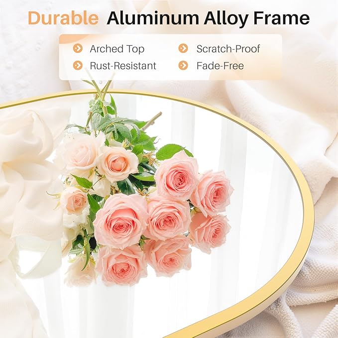 Bathroom Mirror for Wall, 36x24 Inch Arched Mirror, Matte Gold Metal Framed - Image 2