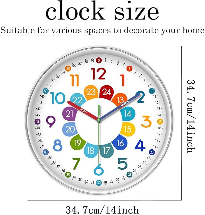 XFM Colorful Kids Wall Clock for Bedroom 14 Inch Round Learning Clock - Image 6