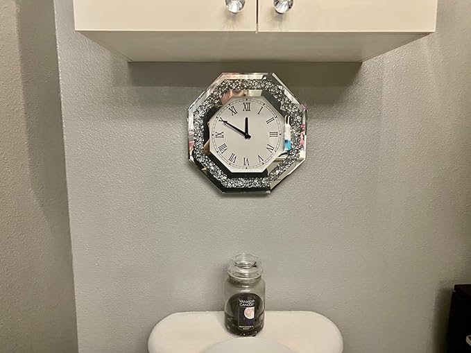 Wall Clock, Octagon Mirror Glass Clock, Cute Diamond 12-inch Non-Ticking Clock - Image 3