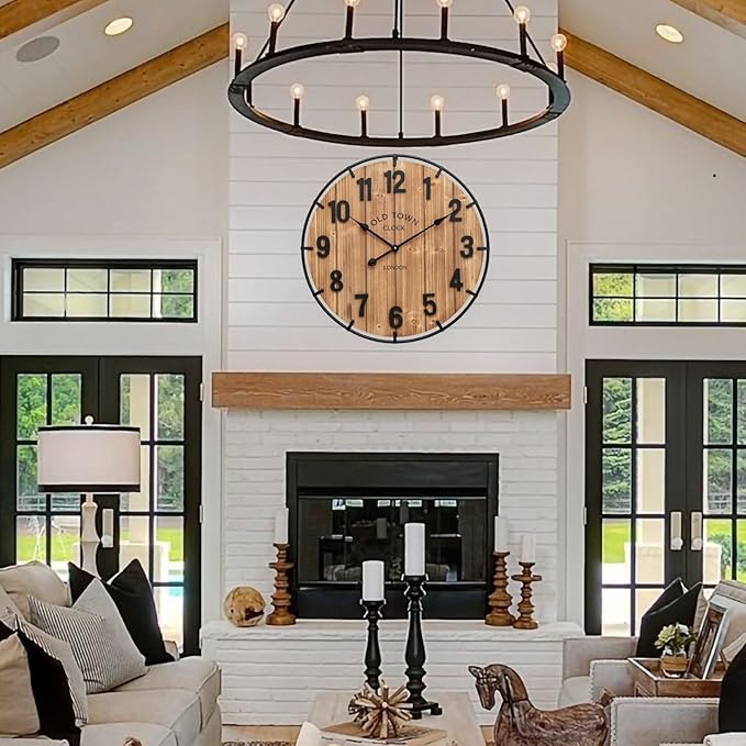 EMAX HOME Large Old Town Farmhouse Wall Clock 24 Inch Rustic Antique Wood - Image 3