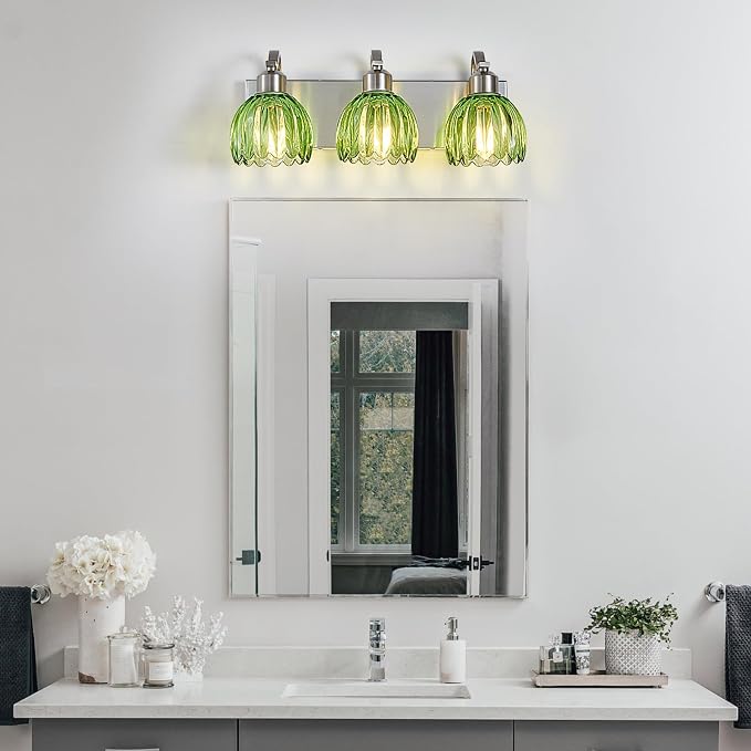 3-Light Vanity Lights with Green Tulip Glass Shade, Brushed Nickel Bathroom - Image 7