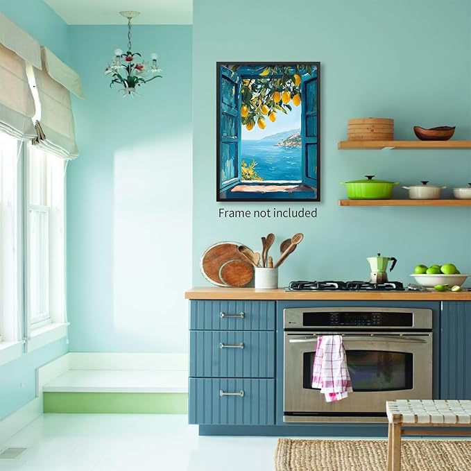Mediterranean Window View Wall Art Coastal Lemon Tree Canvas Prints Blue - Image 3