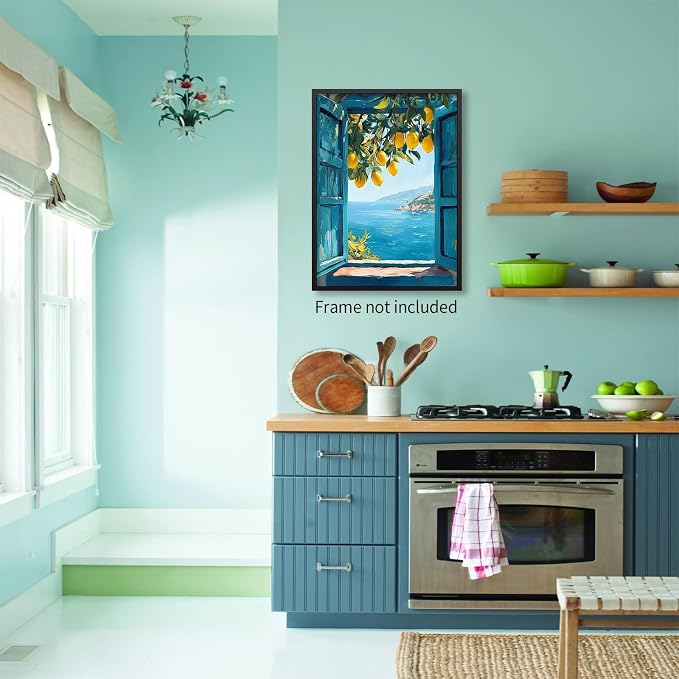 Mediterranean Window View Wall Art Coastal Lemon Tree Canvas Prints Blue - Image 3