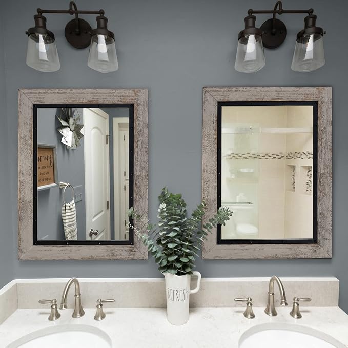 YOSHOOT Rustic Wooden Framed Wall Mirror, Natural Wood and Iron Bathroom Vanity - Image 5