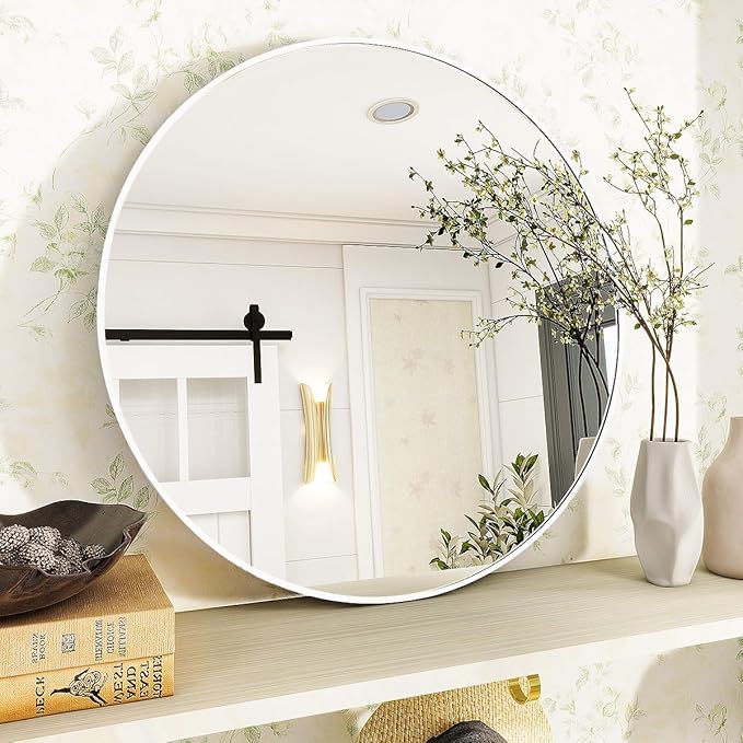 VooBang White Round Bathroom Mirror, 24 inch Circle Wall Mounted Hanging Mirror - Image 6
