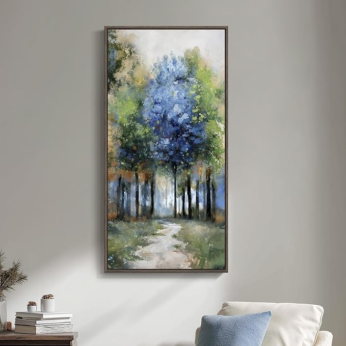 Framed Vertical Colorful Forest Living Room Wall Art, Large Tree & Path Picture by Cuspin