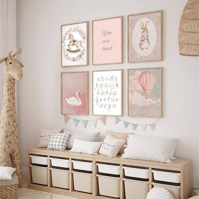 Uniro Pink Nursery Wall Decor Art Prints, Vintage Baby Girl Nursery Room Decor - Image 3