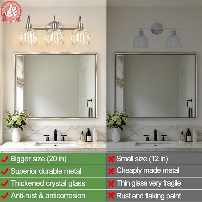 3-Light Bathroom Light Fixtures, Brushed Nickel Wall Lights - Image 4