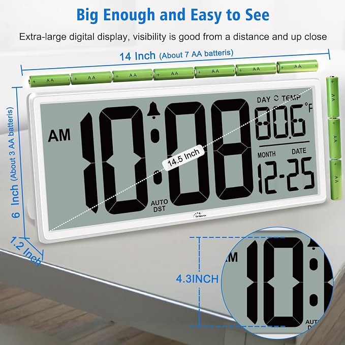 WallarGe Backlight Digital Wall Clock Battery Operated - - Image 8