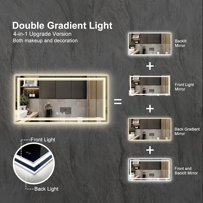 Backlit Bathroom Mirror, 55x30 Inch Gradient Front and Backlit Mirror, 3 Colors - Image 4