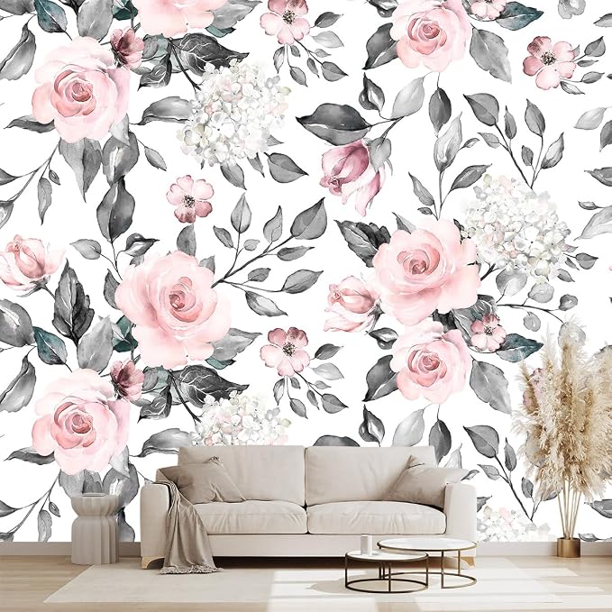 Grey Leaf Pink Flowers Mural Bedroom Floral Wallpaper Room Decor Living Room tv by WXHFM