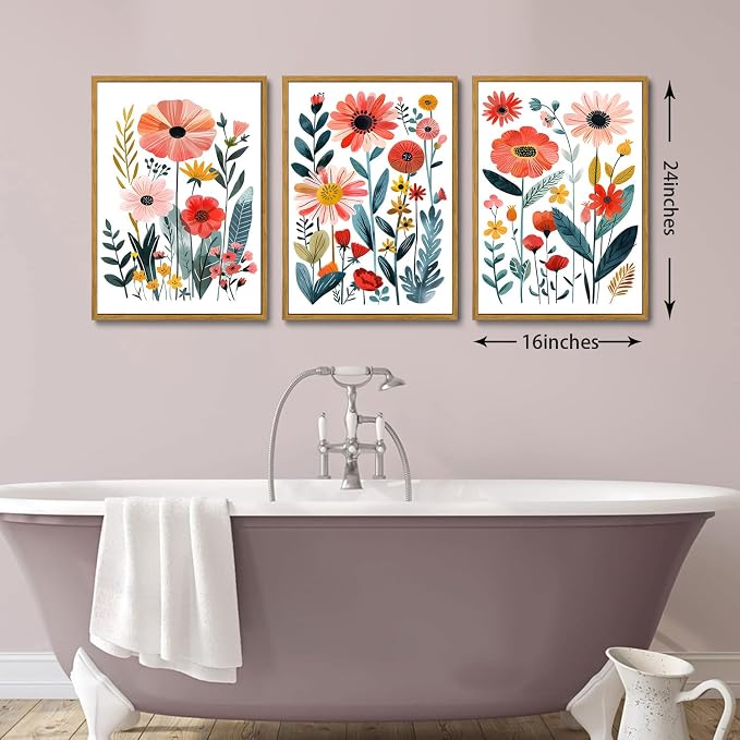 KISSFOX Framed Colorful Wildflower Canvas Wall Art Set Of 3 Flowers Pictures - Image 6