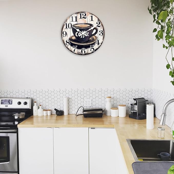 Vintage Coffee Sign Kitchen Wall Clock, Rustic Coffee Wall Clock Decor Battery - Image 4