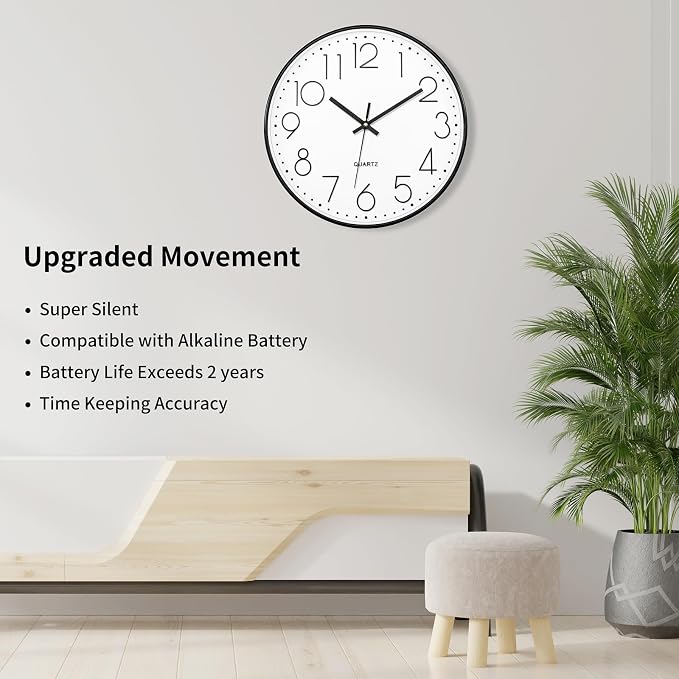 Foxtop Black Wall Clock 12 Inch Silent Non Ticking Quartz Battery Operated - Image 3