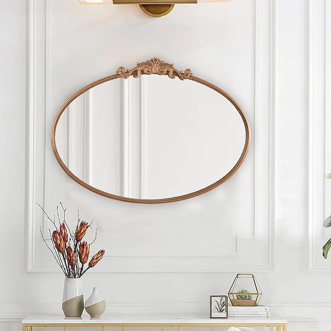 HQiJun Oval Gold Mirror for Bathroom Vanity, Baroque Ornate Vintage Wall Mirror - Image 4