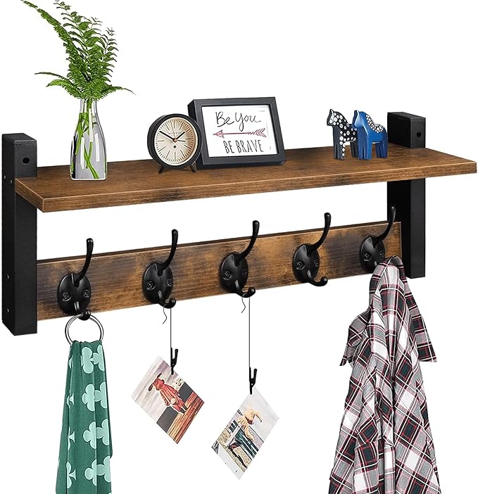 Homode Wall Hooks with Shelf, Wood Coat Rack with Shelf Wall-Mounted, Entryway by Homode