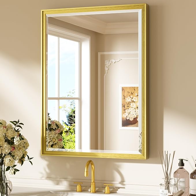 Keonjinn 24" x 32" Brushed Gold Bathroom Vanity Mirror, Aluminum Alloy Frame by Keonjinn